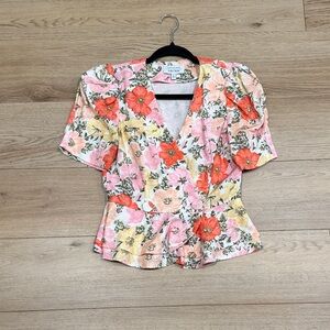 Floral V-Neck Blouse with Puff Sleeves